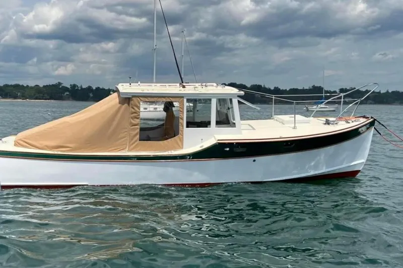 Slide: The Image of 2024 Hylan Bowler boat on water, featuring a beige canopy and sleek design. - 7