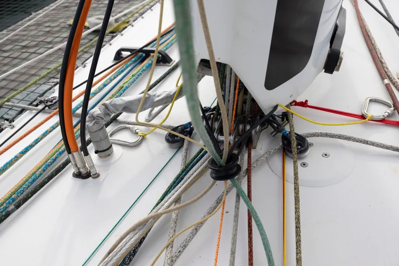 Slide: The Image of Close-up of CDK Technologies MOD 70 sailboat rigging, showcasing ropes and cables, 2012 model. - 16