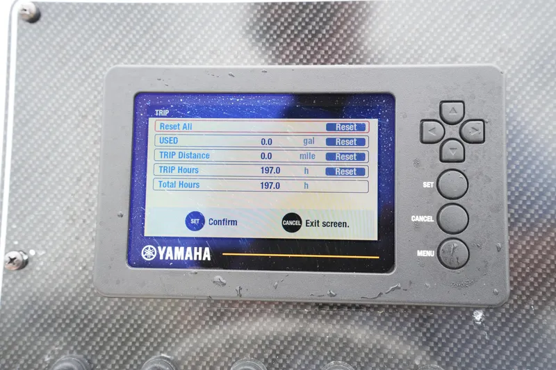 Slide: The Image of Yamaha display on 2019 Grady-White Fisherman 180 showing trip data and settings. - 17