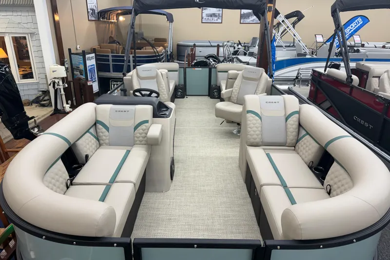 Slide: The Image of 2026 Crest Conquest 230 SLC pontoon boat with luxurious seating and modern design. - 2