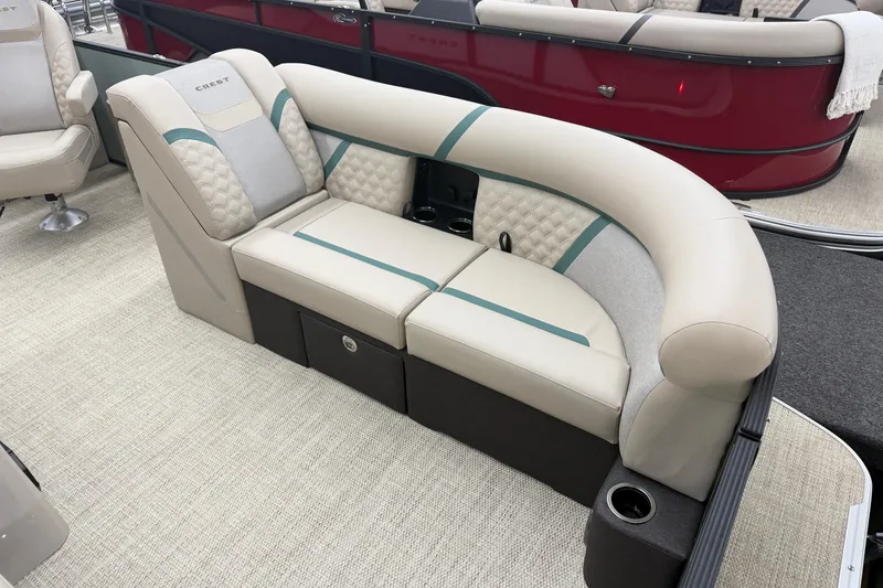 Slide: The Image of Luxurious seating on 2026 Crest Conquest 230 SLC pontoon boat, featuring elegant upholstery. - 3