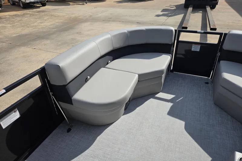 Slide: The Image of Modern Dockside 22DQ2.75 pontoon boat interior with gray seating, 2026 model. - 10