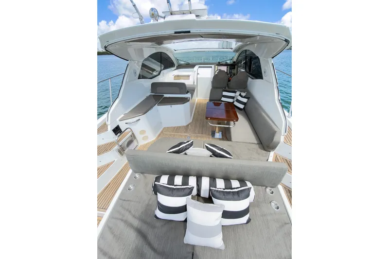 Slide: The Image of Luxurious 2018 Azimut Atlantis 43 yacht interior with striped cushions and sleek design. - 13