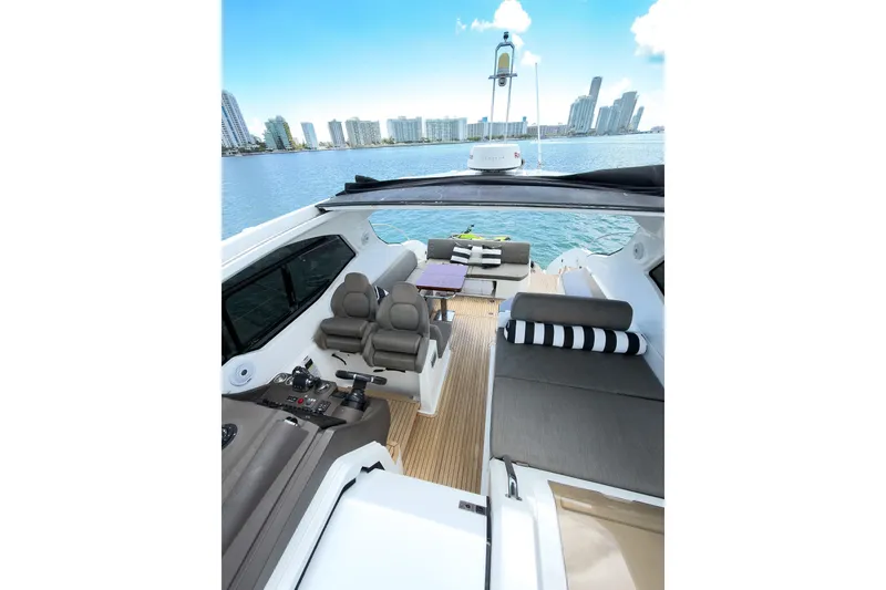 Slide: The Image of Luxurious 2018 Azimut Atlantis 43 yacht interior with city skyline view. - 2