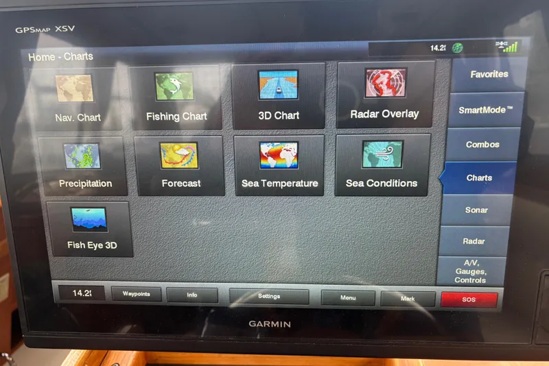 Slide: The Image of Garmin GPS display on 2001 Nauticat Staysail Ketch showing navigation and weather charts. - 9