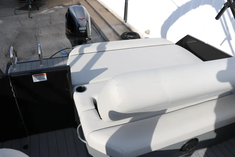 Slide: The Image of 2026 Sylvan Mirage 820 CLZ DH Premium Pontoon with Yamaha 90 engine, rear seating view. - 27