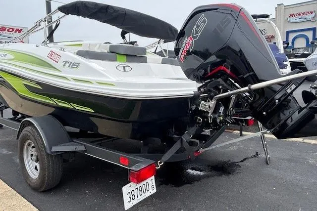 Slide: The Image of 2024 Tahoe T18 boat with powerful engine on trailer, featuring sleek design and vibrant accents. - 37