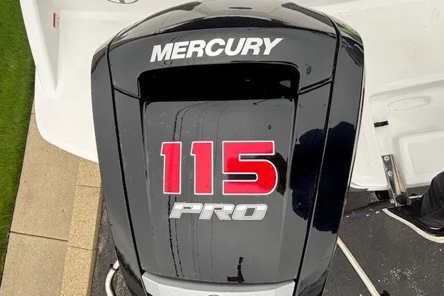 Slide: The Image of Mercury 115 Pro outboard motor on 2024 Tahoe T18 boat, top view. - 6