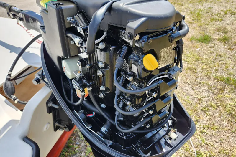 Slide: The Image of 2020 Spear Boatworks Evergladez outboard motor, detailed view of engine components. - 21