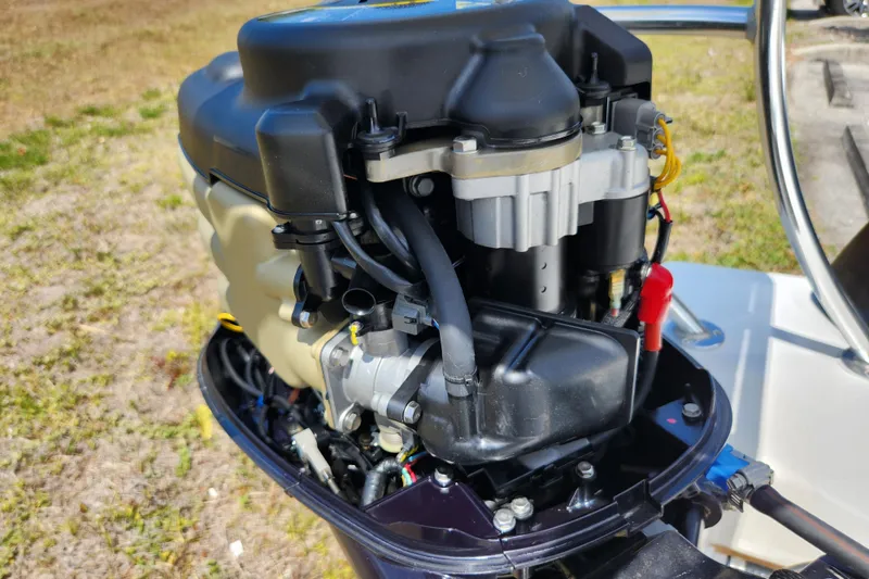 Slide: The Image of 2020 Spear Boatworks Evergladez outboard motor, detailed view of engine components. - 23