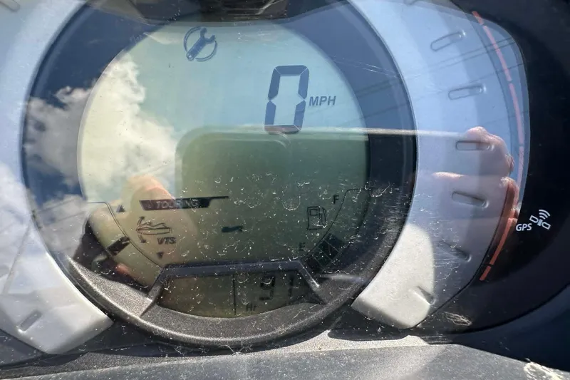 Slide: The Image of Close-up of 2012 Sea-Doo GTI SE 130 speedometer showing 0 MPH with reflections. - 12