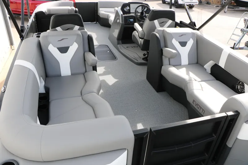 Slide: The Image of Luxurious interior of 2026 Evotti 521QL pontoon boat with plush seating and modern design. - 29