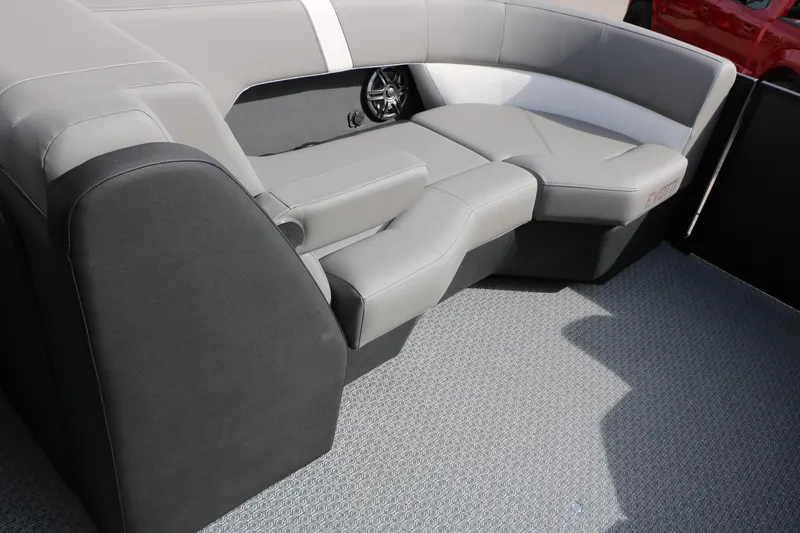 Slide: The Image of Luxurious seating in the 2026 Evotti 521QL boat, featuring sleek gray upholstery. - 42