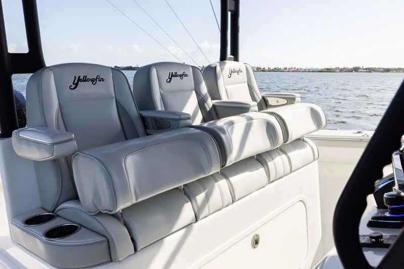 Slide: The Image of Luxury seating on 2023 Yellowfin 42 Offshore boat, featuring sleek design and comfort. - 26