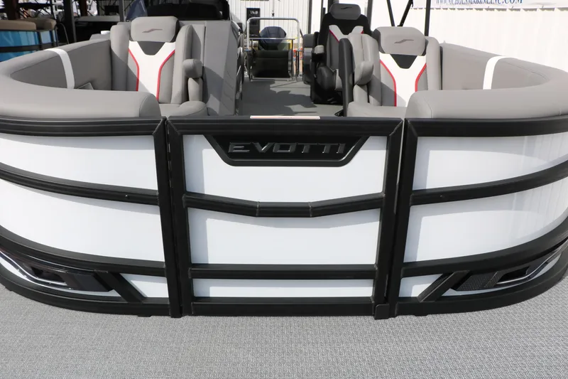 Slide: The Image of 2026 Evotti 723QL pontoon boat with modern seating and sleek design. - 18