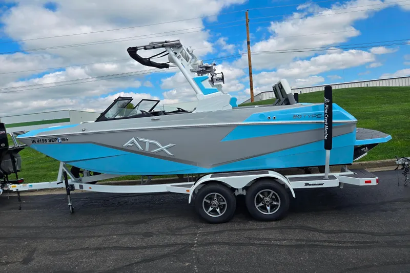 Slide: The Image of 2023 ATX Surf Boats 20 Type-S on trailer, blue and gray design, parked outdoors. - 5