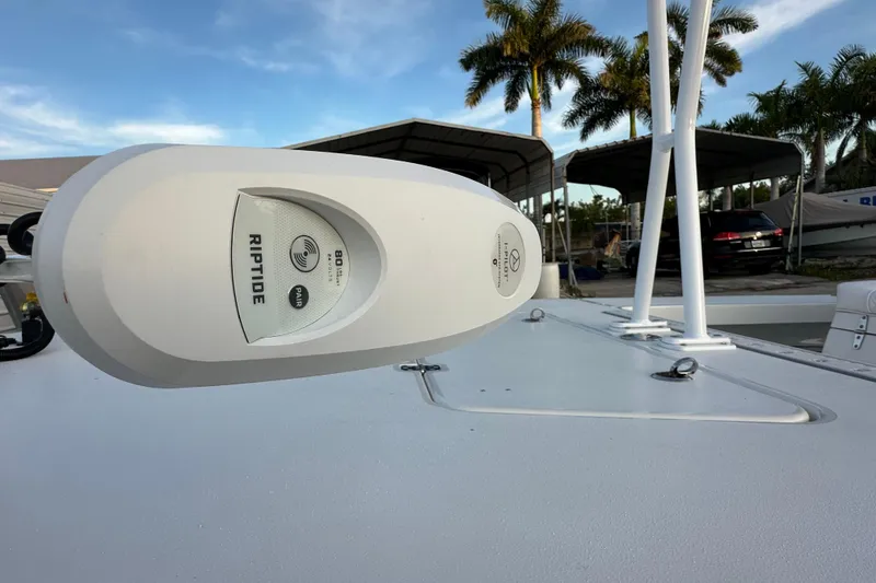 Slide: The Image of 2021 Beavertail Skiffs Vengeance with Riptide motor, docked under palm trees. - 11