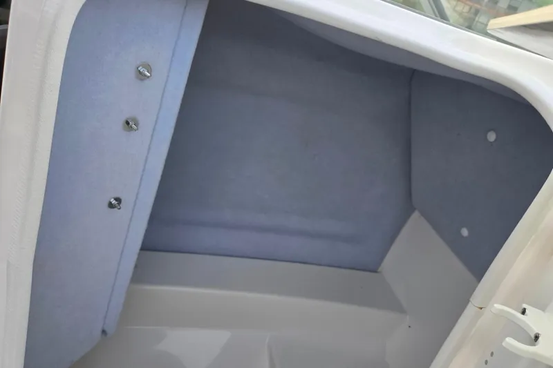 Slide: The Image of Interior storage compartment of 2021 Yamaha Boats AR250, featuring a clean, carpeted finish. - 14