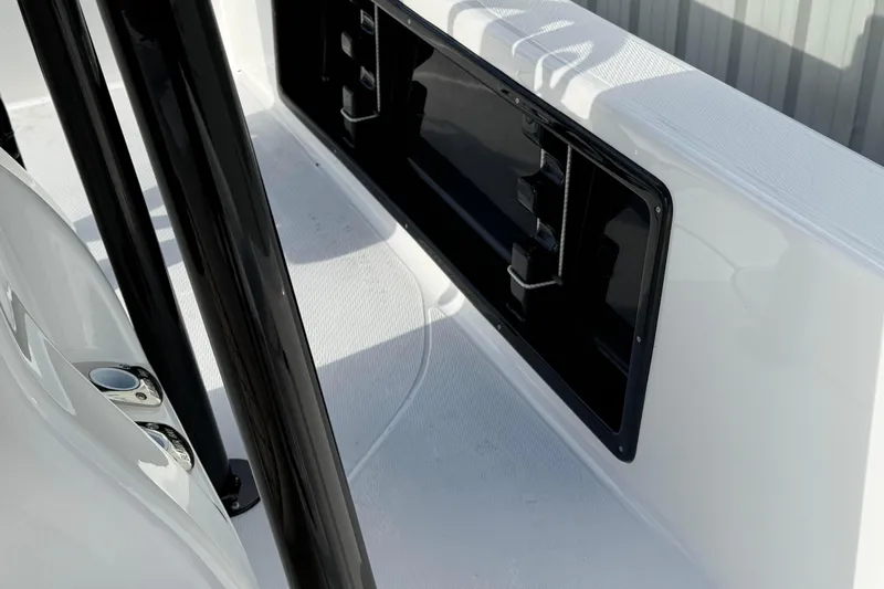Slide: The Image of 2026 Blazer PureBay 2400 boat interior with sleek black and white design elements. - 18