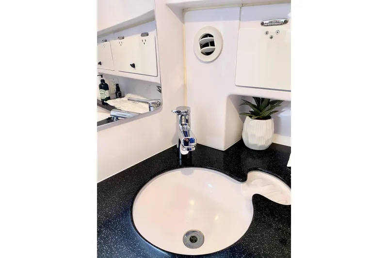 Slide: The Image of Modern bathroom sink with sleek faucet and decorative plant on a 2006 Donzi 38 ZSF boat. - 59