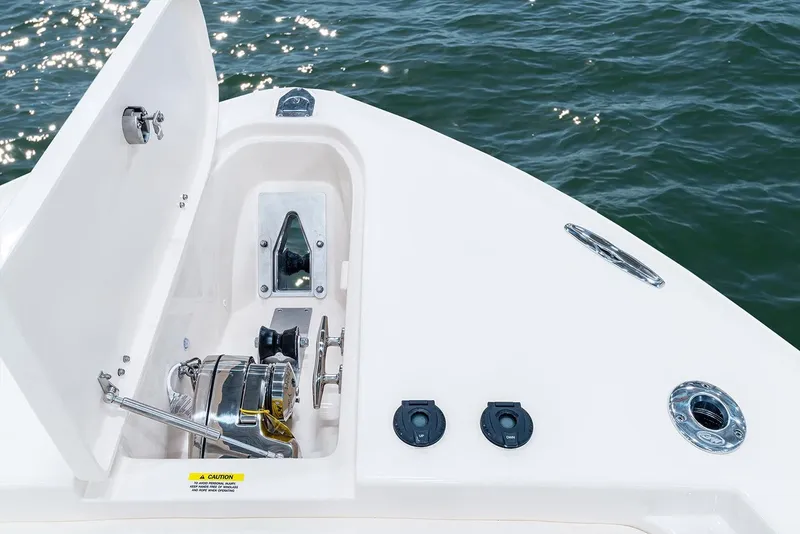 Slide: The Image of 2021 Grady-White Canyon 306 boat docked at marina, viewed from above. - 3