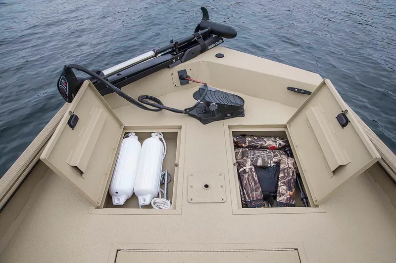 Slide: The Image of Manufacturer Provided Image: 2021 Crestliner 1760 Retriever SC boat storage compartments and trolling motor. - 20