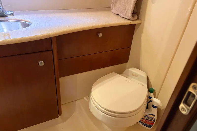 Slide: The Image of Bathroom in 2005 Meridian 368 Motoryacht with sink, toilet, and cleaning supplies. - 24