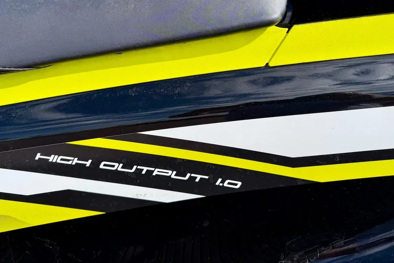 Slide: The Image of 2019 Yamaha WaveRunner VX Deluxe with "High Output 1.0" decal, yellow and black design. - 5
