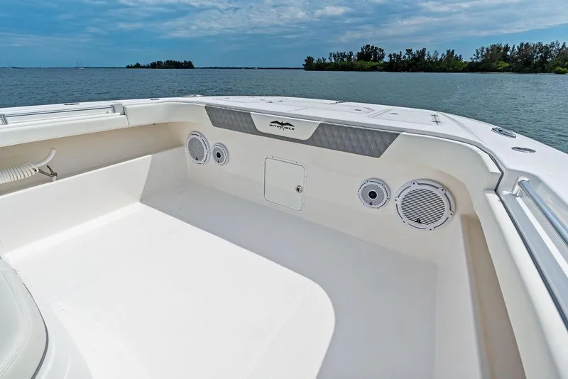 Slide: The Image of Invincible 46 Catamaran 2021, spacious deck view with speakers, on calm water. - 19