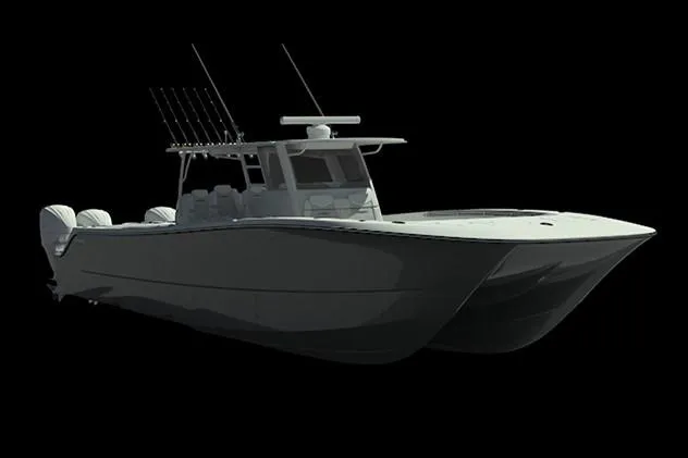 Slide: The Image of Manufacturer Provided Image: 2021 Invincible 46 Catamaran with multiple outboard engines, side view. - 53