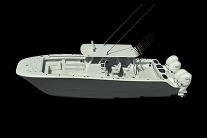 Slide: The Image of Manufacturer Provided Image: 2021 Invincible 46 Catamaran with triple outboard engines, side view. - 54