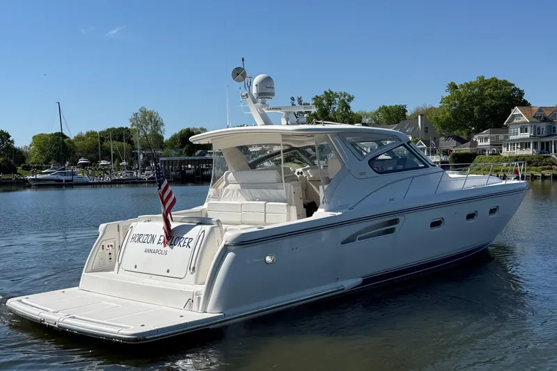 Slide: The Image of 2001 Tiara Yachts 5200 Express, "Horizon Explorer," docked in Annapolis marina. - 2