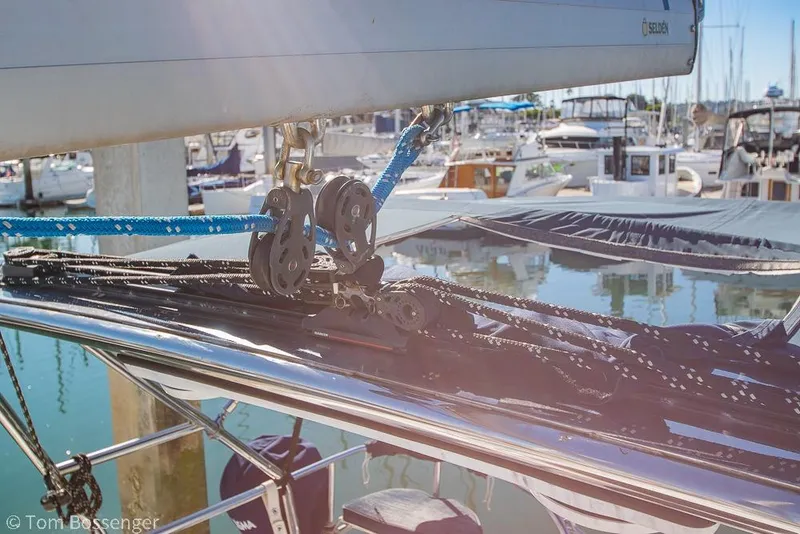 Slide: The Image of Close-up of rigging on a 2008 Hunter 31 sailboat in a marina. - 35