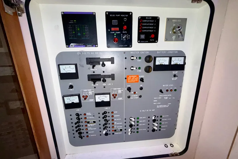 Slide: The Image of Control panel of a 1989 Sea Ray 380 Aft Cabin boat, featuring various gauges and switches. - 21