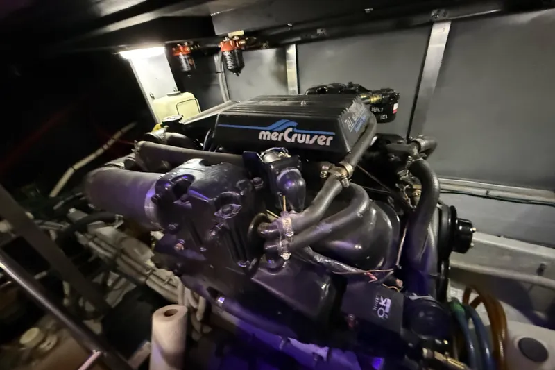 Slide: The Image of Engine room of 1989 Sea Ray 380 Aft Cabin with MerCruiser engine. - 33