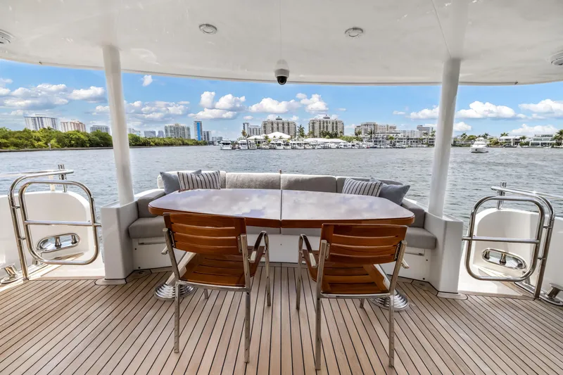 Slide: The Image of Luxury Cheoy Lee 78 yacht deck with elegant seating, overlooking scenic waterfront views. - 22