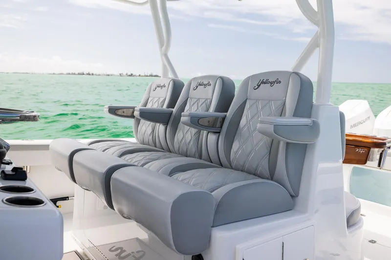 Slide: The Image of Luxury seating on 2023 Yellowfin 39 Offshore boat with ocean backdrop. - 22