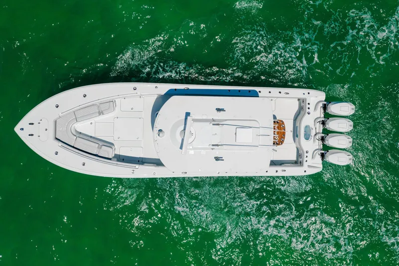 Slide: The Image of Aerial view of 2023 Yellowfin 39 Offshore boat on vibrant green water. - 6