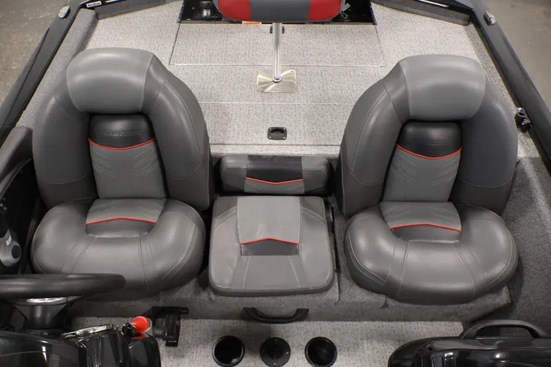 Slide: The Image of 2022 Tracker Pro Team 175 TXW boat interior with gray and red seating. - 33