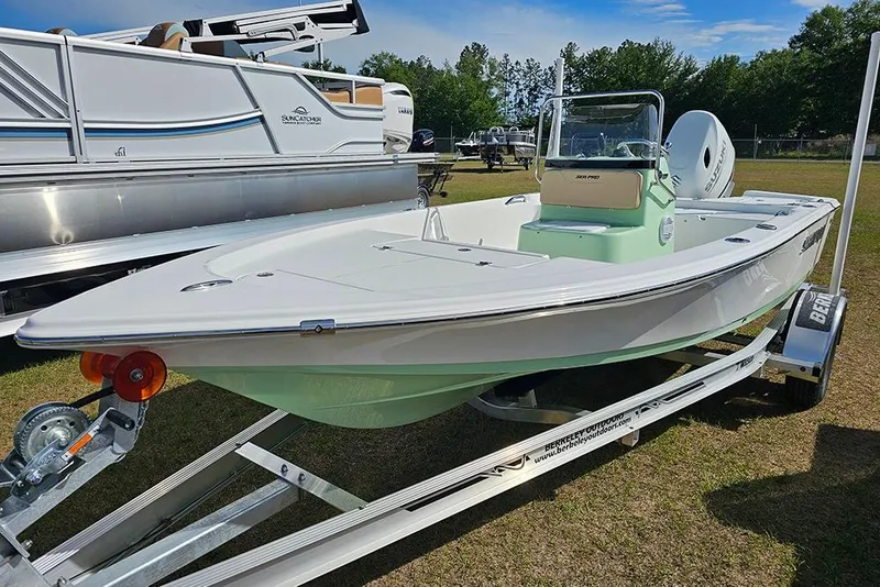 Slide: The Image of 2026 Sea Pro 172 Bay boat on trailer, displayed outdoors. - 10