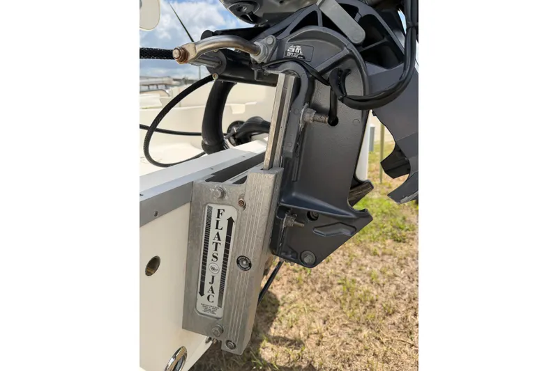Slide: The Image of Close-up of a 2016 Bulls Bay 2000 boat's Flats Jac motor mount. - 12
