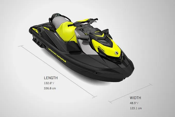Slide: The Image of Manufacturer Provided Image: 2020 Sea-Doo GTR 230 jet ski, black and yellow, dimensions: 132.6 length, 48.5 - 11