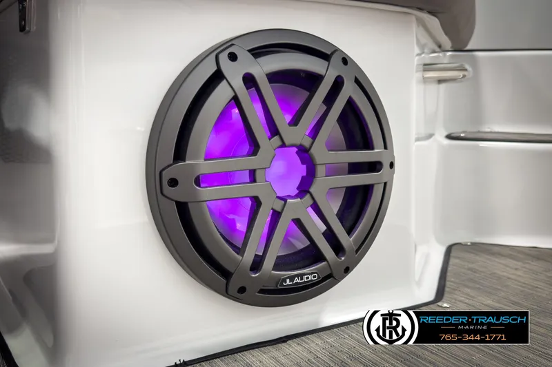Slide: The Image of Speaker with purple LED light on 2025 Four Winns HD3 boat interior. - 41