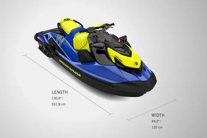 Slide: The Image of Manufacturer Provided Image: 2020 Sea-Doo Wake 170 jet ski, blue and yellow, 130.6 length, 49.2 width. - 10