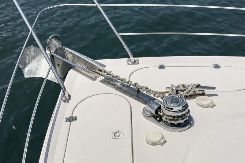 Slide: The Image of Anchor and winch system on 2003 Carver 530 Voyager Pilothouse yacht deck. - 30