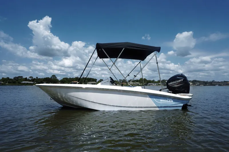 Slide: The Image of A 2027 Boston Whaler 13SPT floats on calm water under a blue sky with clouds. - 6
