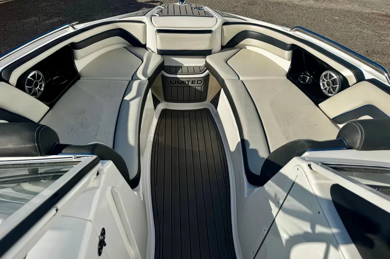 Slide: The Image of 2019 Yamaha Boats 242 Limited S interior with sleek seating and modern design. - 3