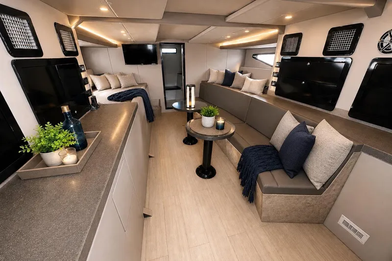 Slide: The Image of Luxurious interior of a 2017 Custom Express Cruiser Crossover with modern seating and decor. - 22