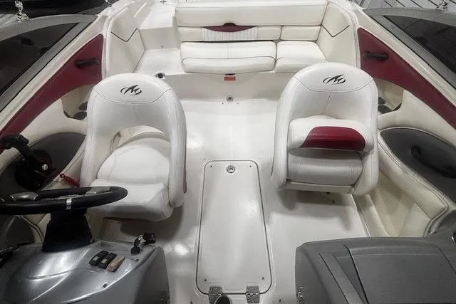 Slide: The Image of Interior of a 2008 Monterey 194FS boat with white and red seating. - 17