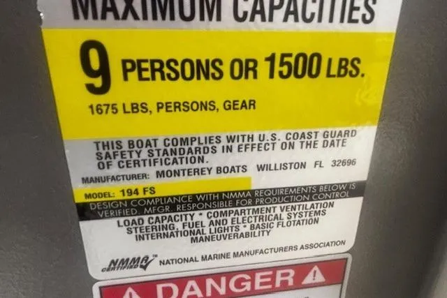 Slide: The Image of Maximum capacity label for 2008 Monterey 194FS boat, 9 persons or 1500 lbs. - 21